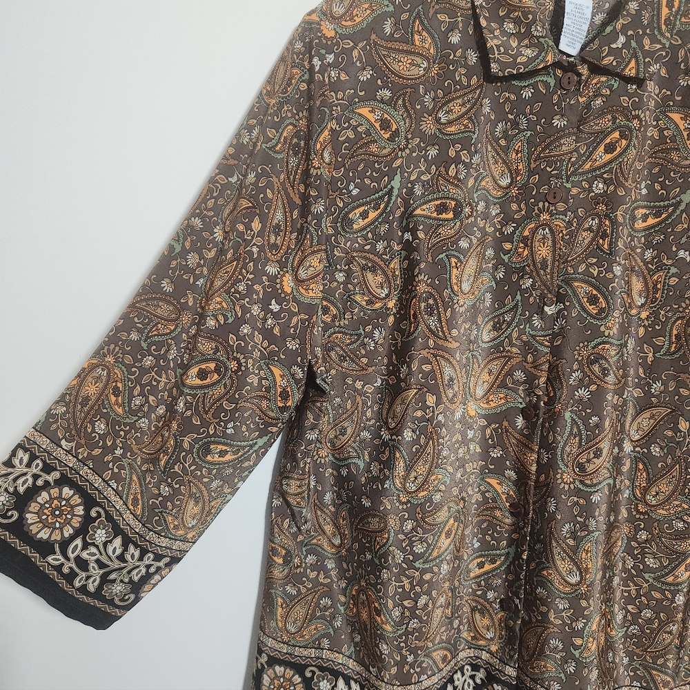 Sag Harbor Button Up Blouse Brown Paisley Border Print Padded Shoulder XL - Picture 5 of 8